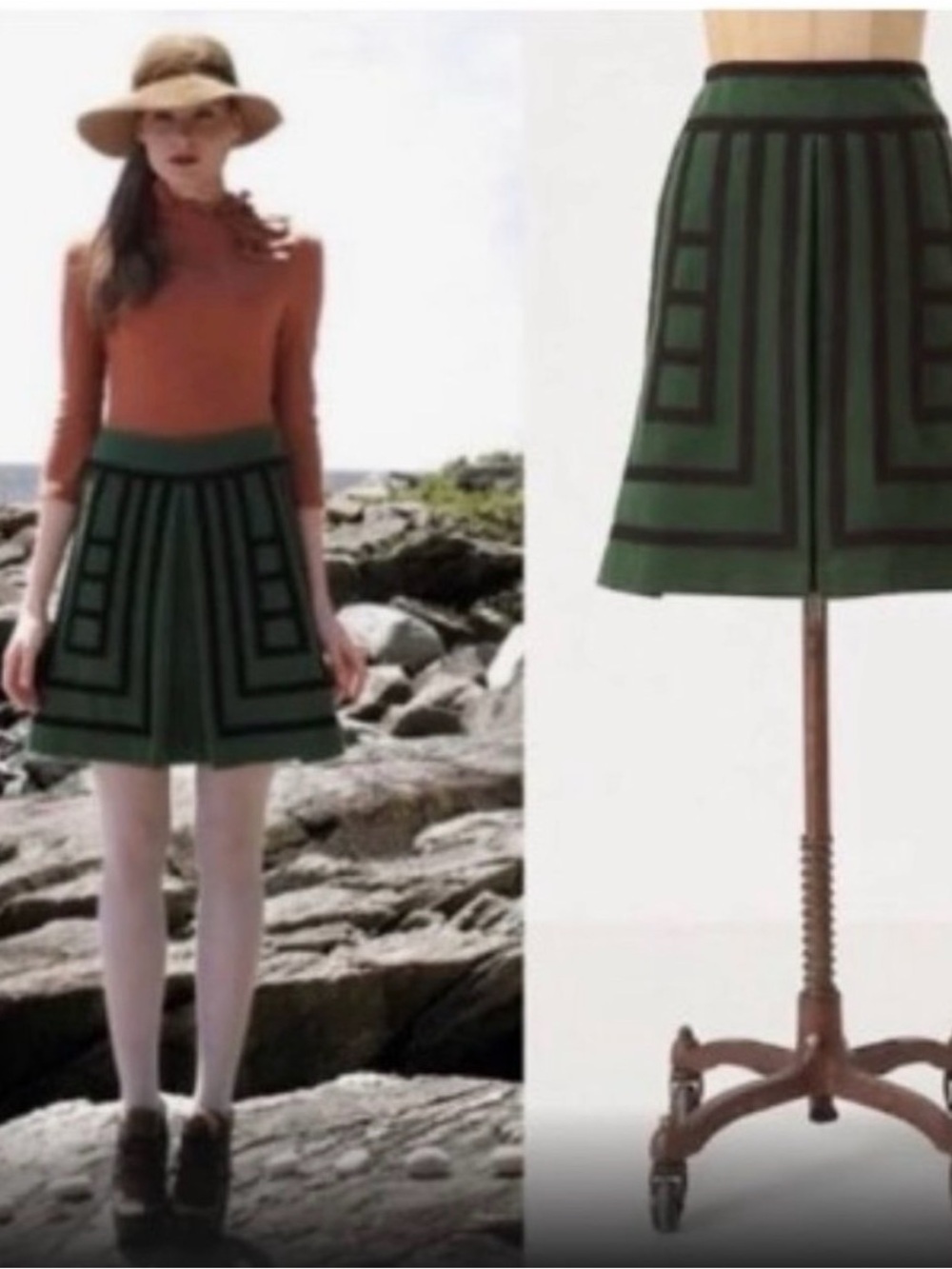 Anthropologie | Maeve Tsuga Wool Blend Green Black Piping Pleated Skirt